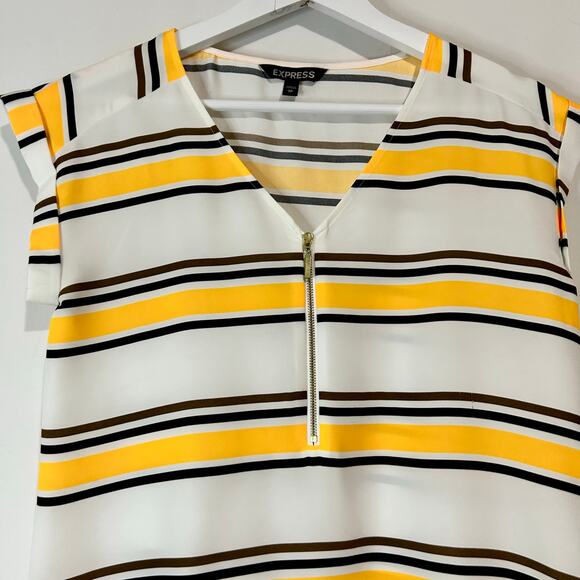 Express Women’s Striped Cap Sleeve Half-Zip Blouse Size XS Yellow White EUC - Picture 2 of 11